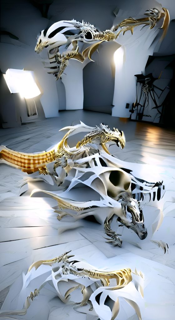 A skeletal remnant in a mysterious hall